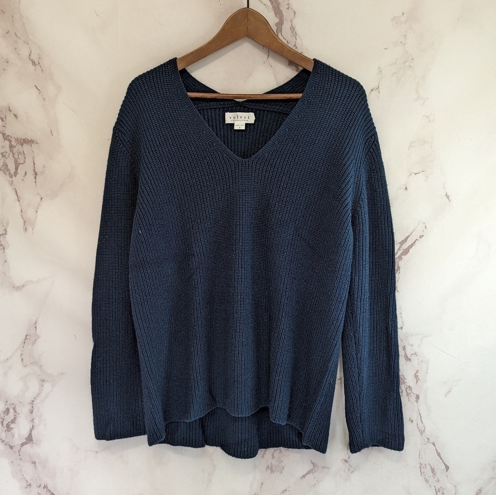 Anthropologie Sweater Womens Small Blue Wool Blend V Neck Velvet Graham Pullover